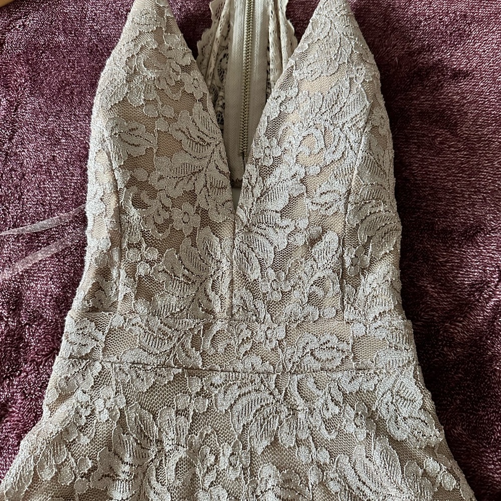 Emerald Sundae by Macy’s khaki lace shimmer mini dress with zip up back NWT - Picture 11 of 17